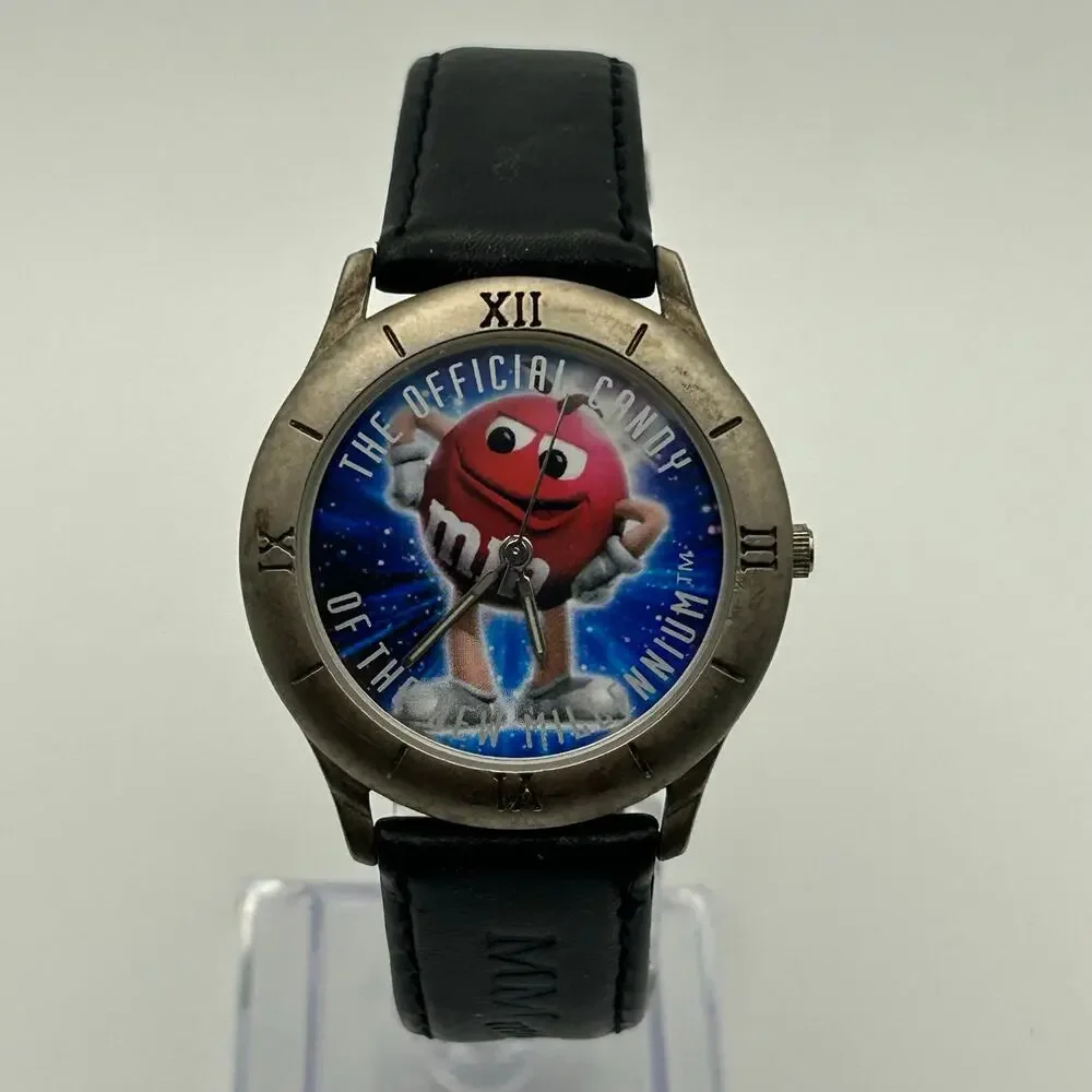 1998 Limited Edition MARS Inc. Red M&M Watch Black Leather Band New Battery